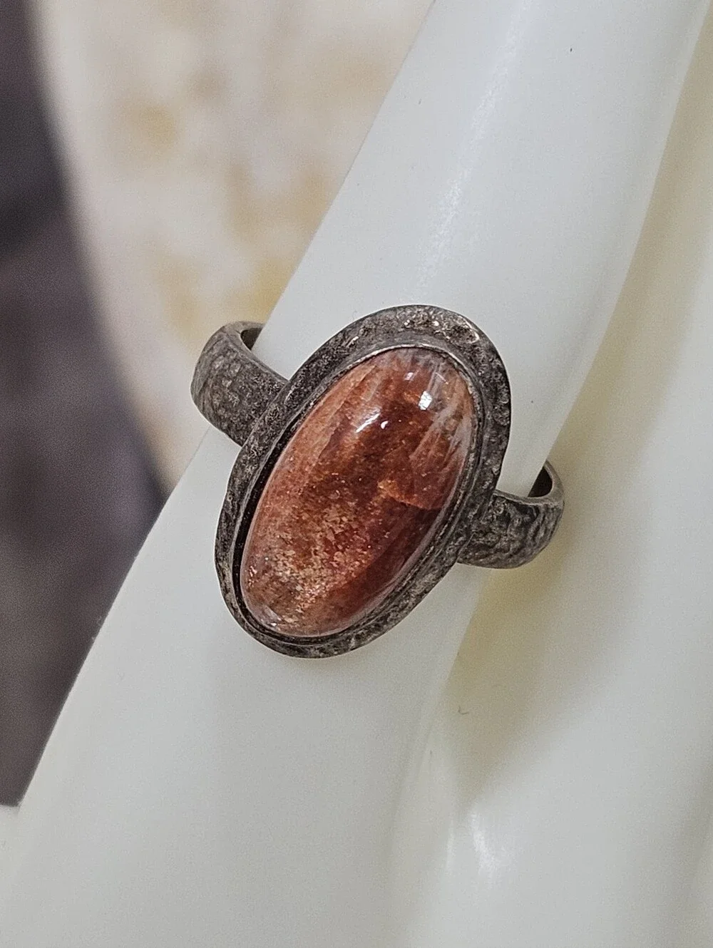 Sterling Silver Oval Sunstone Hammered Textured Band 925 Gemstone Ring Size 9 US